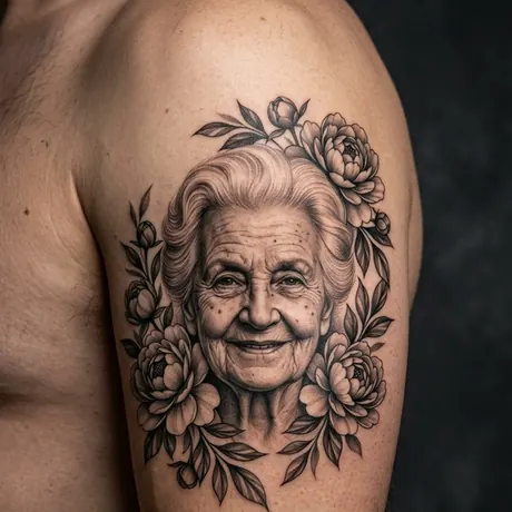Black and grey portrait tattoo on a forearm