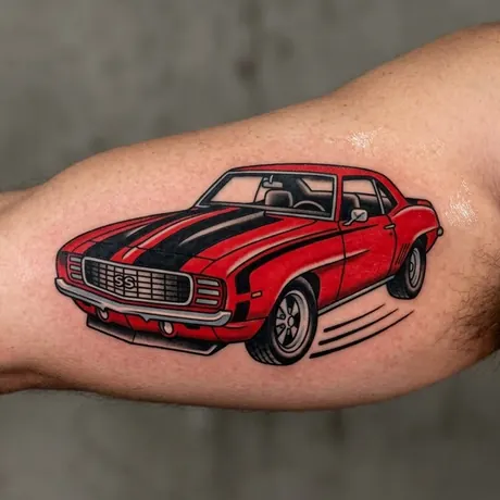 Muscle car tattoo on skin