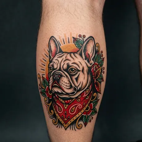 Bulldog portrait tattoo on skin