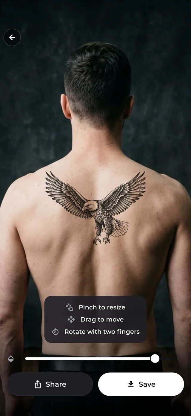InkStudio AR Try On: an eagle tattoo previewed on a person's back through the phone camera